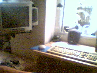 Fotografa en la que se ve el puesto de trabajo Aldebarn en su configuracin habitual, junto a una mesa con el ratn y el teclado sobre ella.